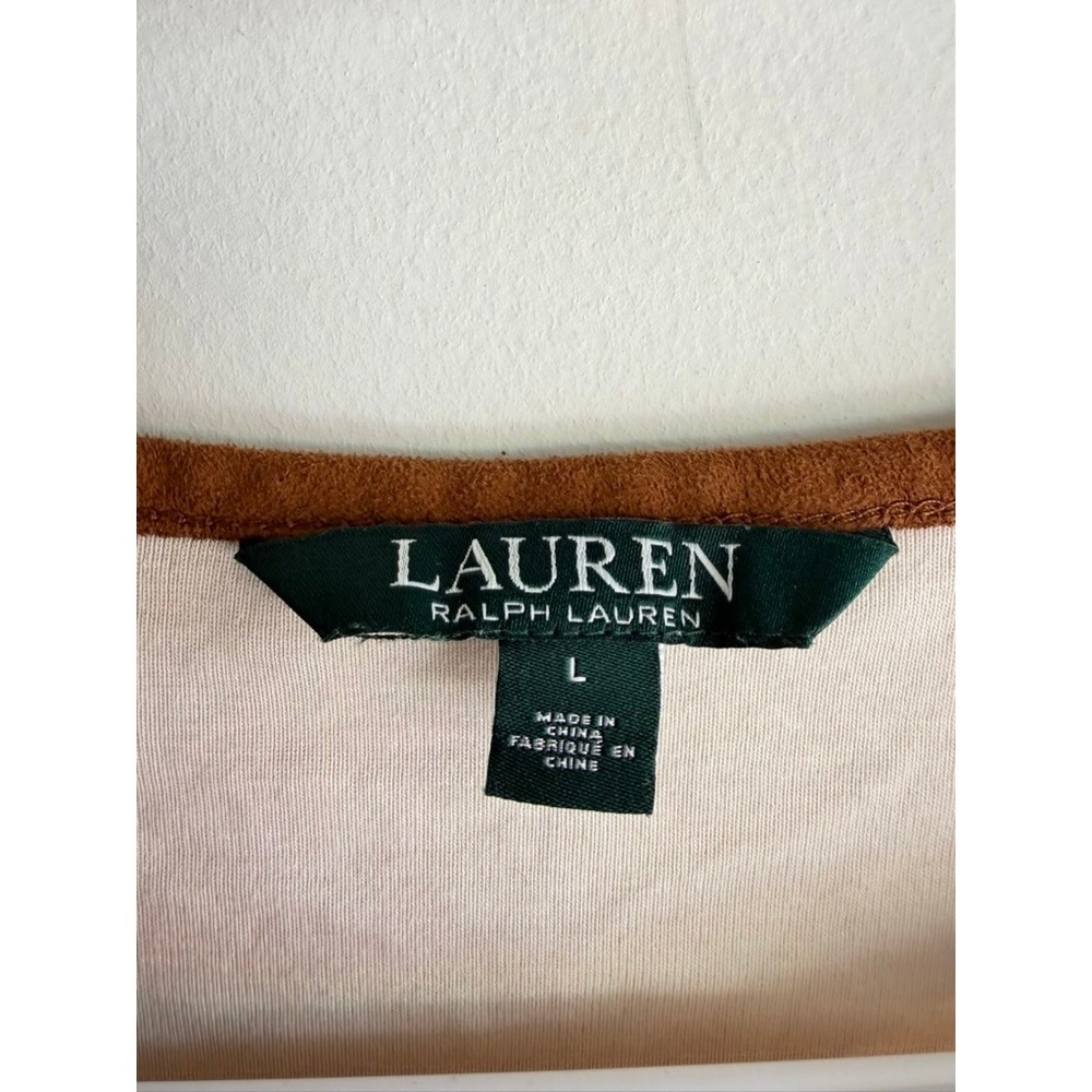 Lauren Ralph Lauren Cream Blouse Brown Trim Boat Neck 3/4 Sleeve Top Womens L - Picture 2 of 4
